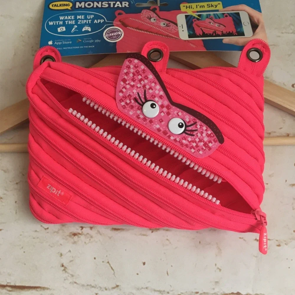 ZIPIT Neon Pink Talking Monstar 3 Ring Storage Holder Pencil Pouch NWT